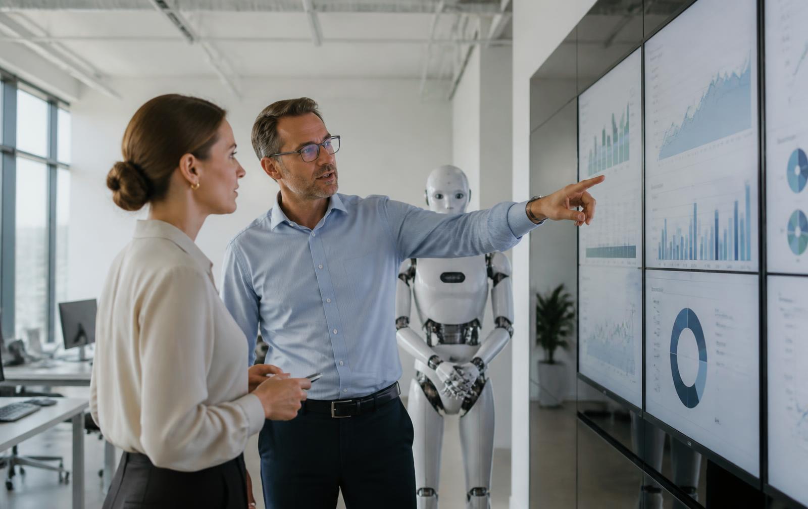 Equipe de gestão acompanhando indicadores da operação com um agente digital ao lado