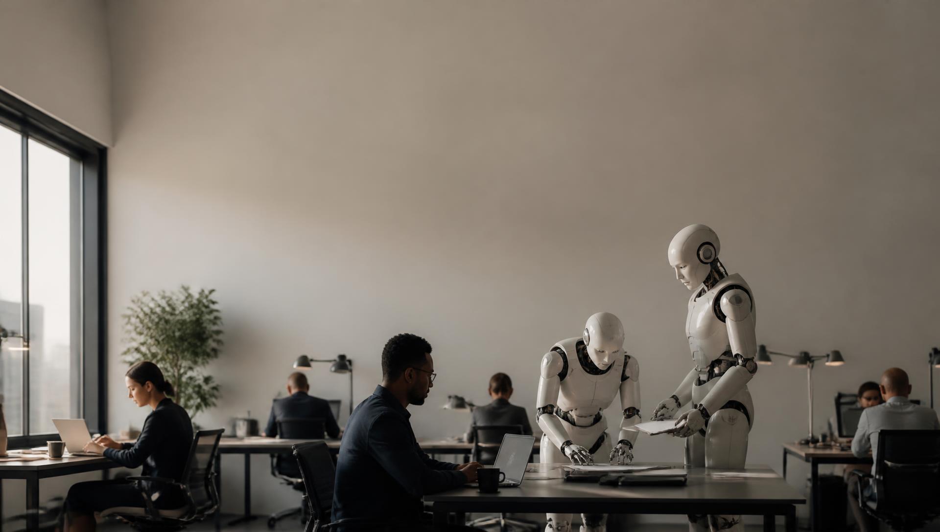 Profissionais e agentes humanoides trabalhando juntos em um escritório corporativo contemporâneo