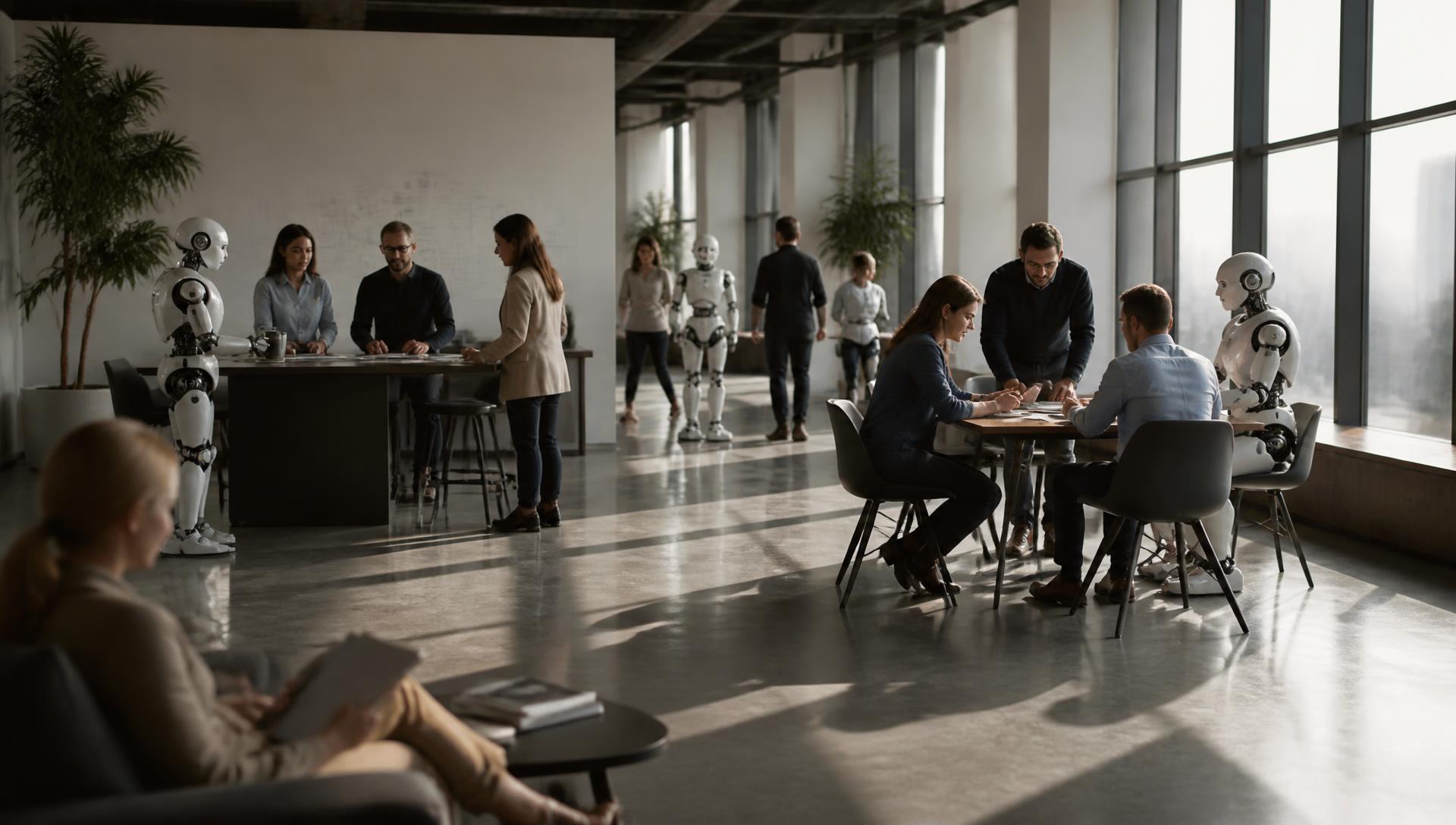 Equipe humana e agentes humanoides colaborando no mesmo ambiente corporativo